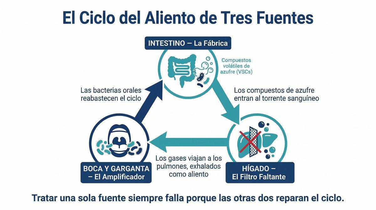 Diagrama del Ciclo de Tres Fuentes del aliento: intestino, boca y garganta, hígado