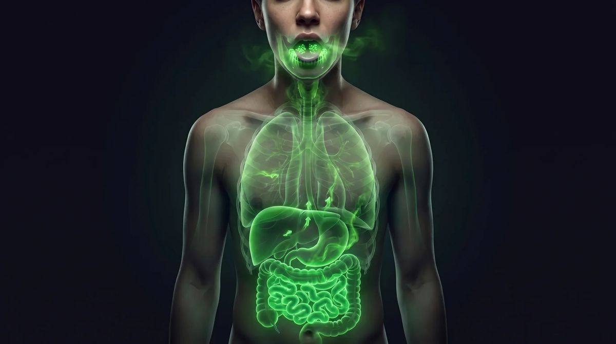 Ilustración del recorrido de los gases de azufre desde el intestino hasta el aliento
