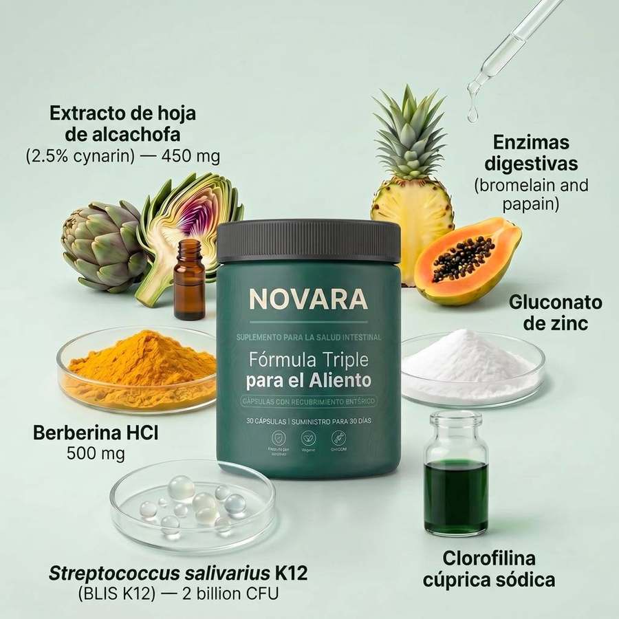 Ingredientes de NOVARA: berberina, bromelina, papaína, zinc, K12, alcachofa y clorofilina